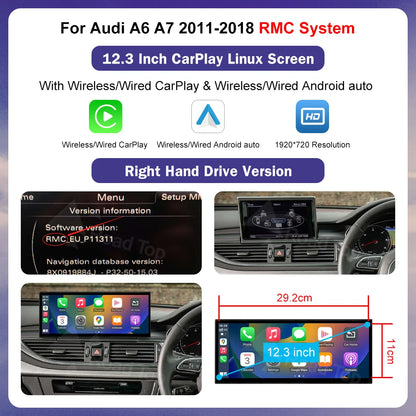 Autoradio multimédia stéréo pour Audi A6 C6 C7 A7 2011-2018 sans fil CarPlay GPS Navi lecteur Radio Bluetooth 12.3 "écran tactile
