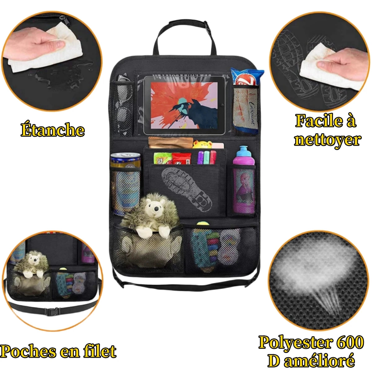 Organisateur de dossier de siège de voiture, 10 poches de rangement avec écran tactile, support de tablette, protecteur pour enfants, accessoires de voiture
