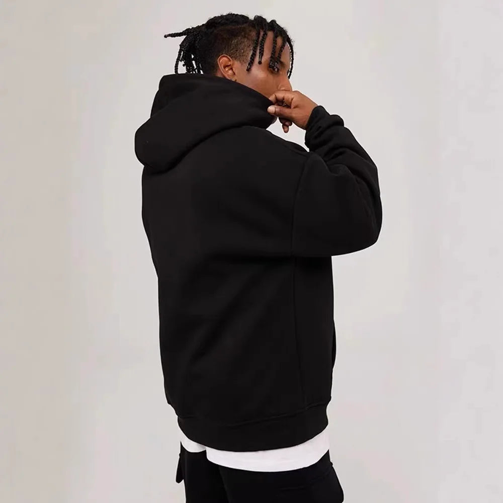 Sweat à capuche pour hommes, polaire épaisse, coupe ample, couleur unie, Style coréen, à la mode, haut décontracté en Fiber de Polyester, hiver