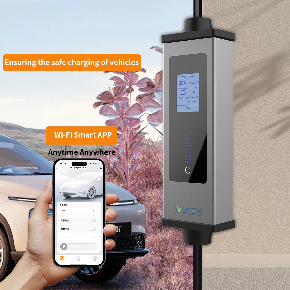WUFEN GBT 32A 7KW chargeur EV Portable GBT chargeur de véhicule électrique avec support GB/T câble de chargement Wi-Fi Bluetooth APP contrôle
