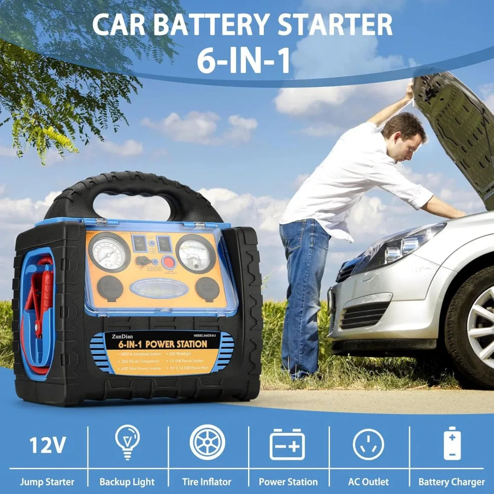 Démarreur de saut de batterie de voiture 1800 ampères avec compresseur d'air gonfleur de pneu 260PSI 12V centrale électrique Portable 400W AC onduleur pour