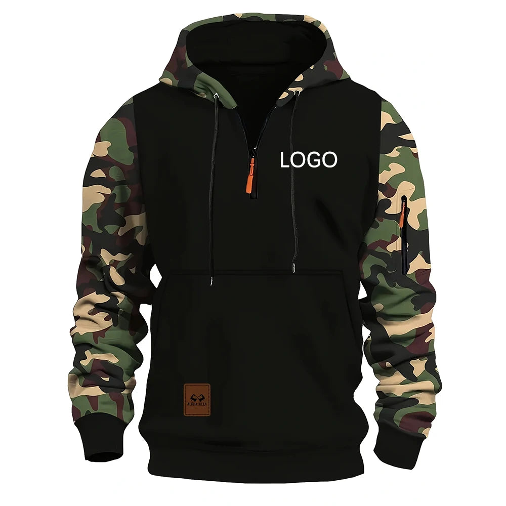 Personnalisez votre logo, sweats à capuche pour hommes, sweat-shirts à panneaux camouflage, embellissements à fermeture éclair tendance, streetwear, cadeaux personnalisés pour hommes