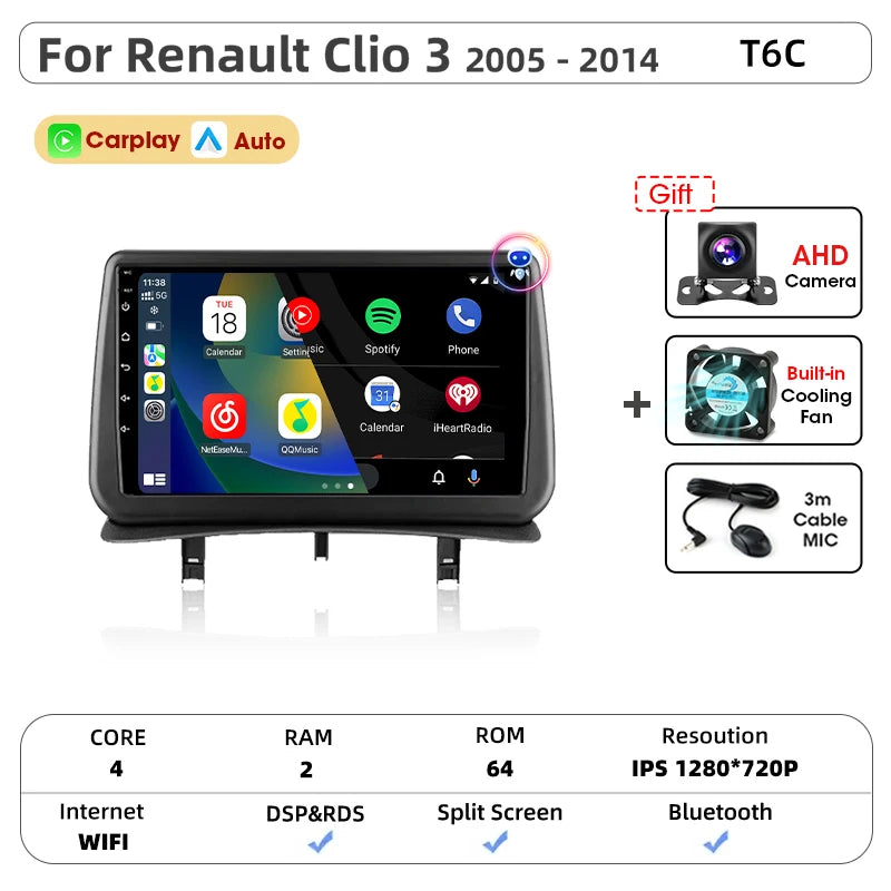Srnubi CarPlay autoradio lecteur multimédia pour Renault Clio 3 2005 2006 2007 2008 2009 2010-2014 Android Auto GPS 2din autoradio