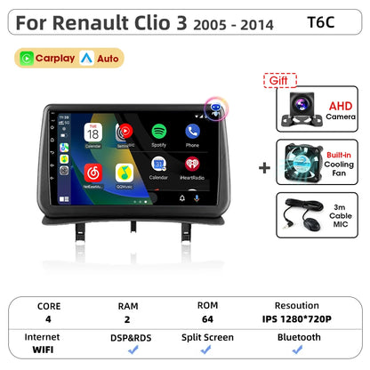 Srnubi CarPlay autoradio lecteur multimédia pour Renault Clio 3 2005 2006 2007 2008 2009 2010-2014 Android Auto GPS 2din autoradio