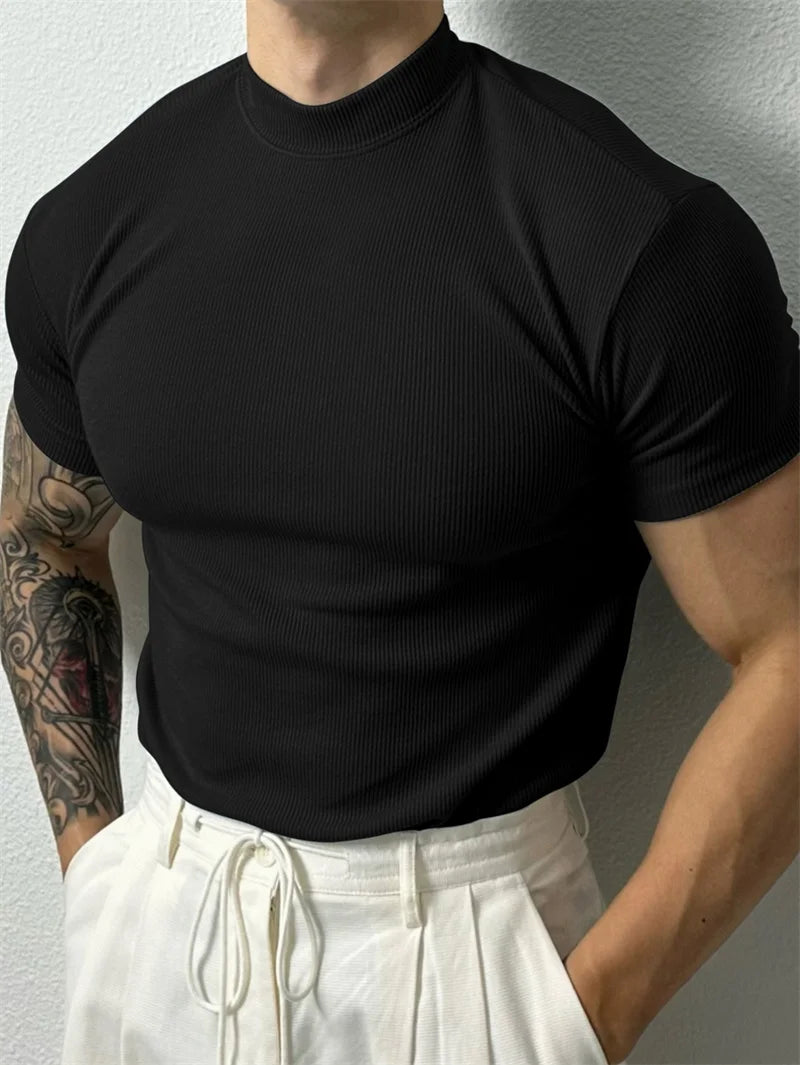 Printemps été mode hommes T-shirt petit col haut chemise à rayures à manches courtes haut de fitness loisirs sport T-shirt hommes vêtements de sport