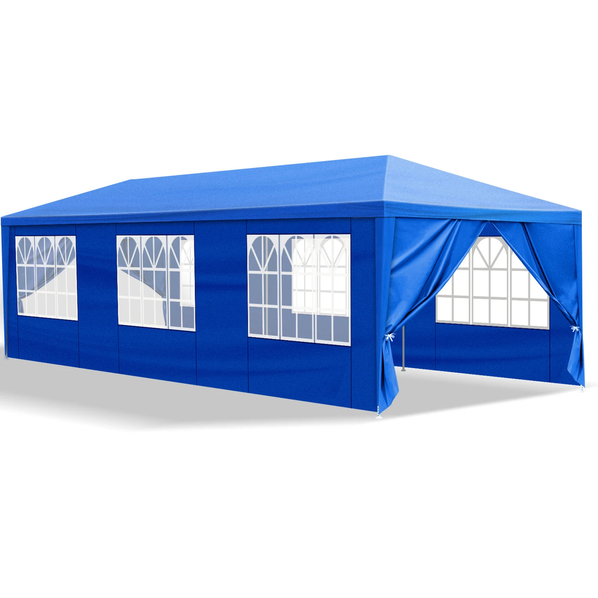 Tente de réception extérieure bleue 10x30 pieds (900x300 cm) en tissu PE imperméable avec structure en acier et 8 parois latérales amovibles avec fenêtres, capacité 50 personnes