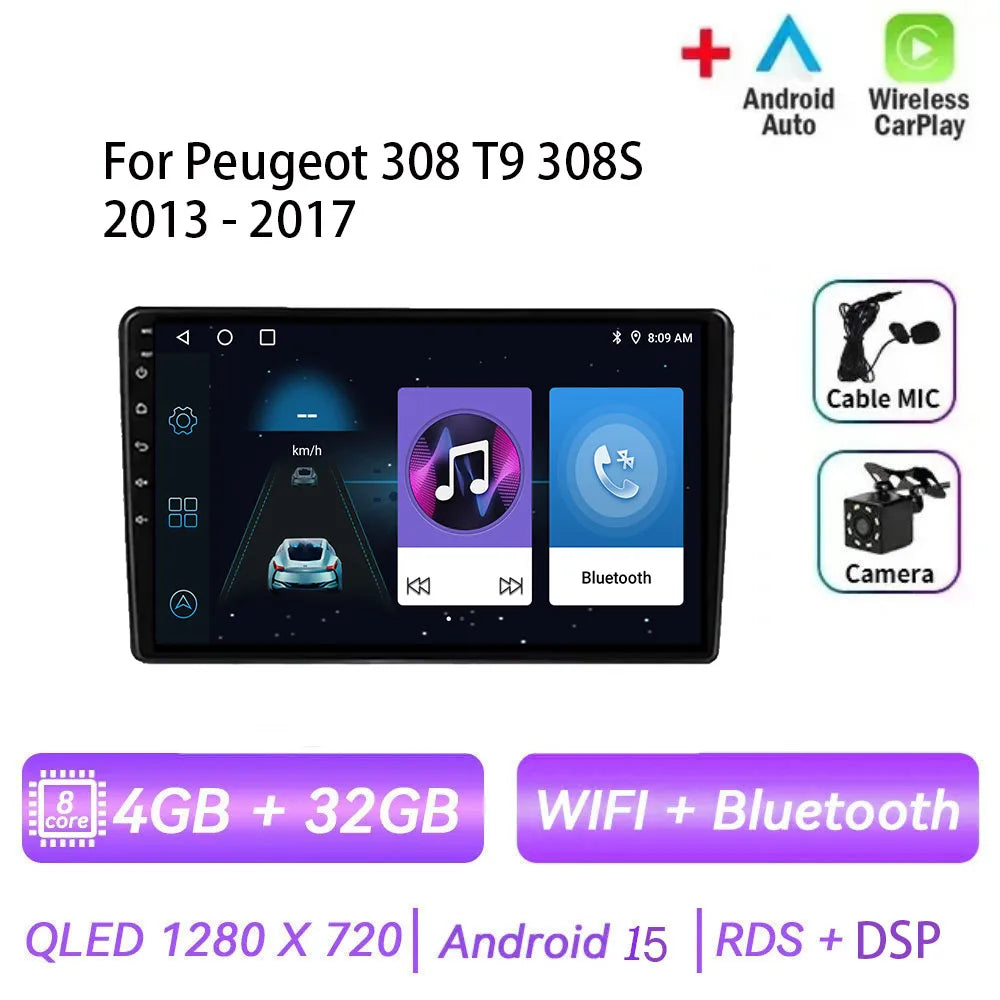 Android 15 pour Peugeot 308 T9 308S 2013 - 2017 Auto stéréo autoradio lecteur multimédia Navigation GPS 4G WIFI sans fil Carplay