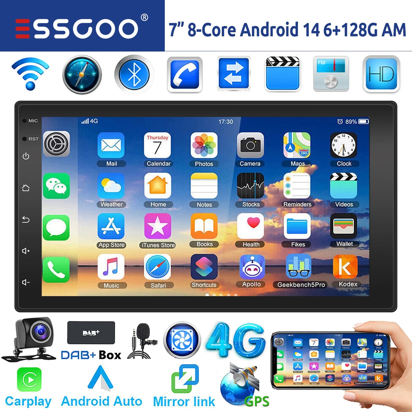 ESSGOO 7"/9"/10“ 2 DIN Android 14 8-Core 6+128G Autoradio Sans Fil Apple Carplay Android Auto GPS Navigation Bluetooth AM FM RDS WIFI Écran Tactile QLED 4G LTE USB Mirror Link Equalizer Commande au Volant