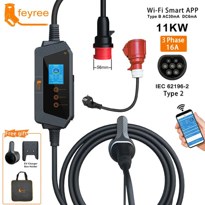 شاحن سيارة كهربائية محمول Feyree Type2 11KW 16A 3 مراحل مع التحكم في تطبيق Wi-Fi صندوق شحن EVSE مقبس CEE للمركبات الكهربائية