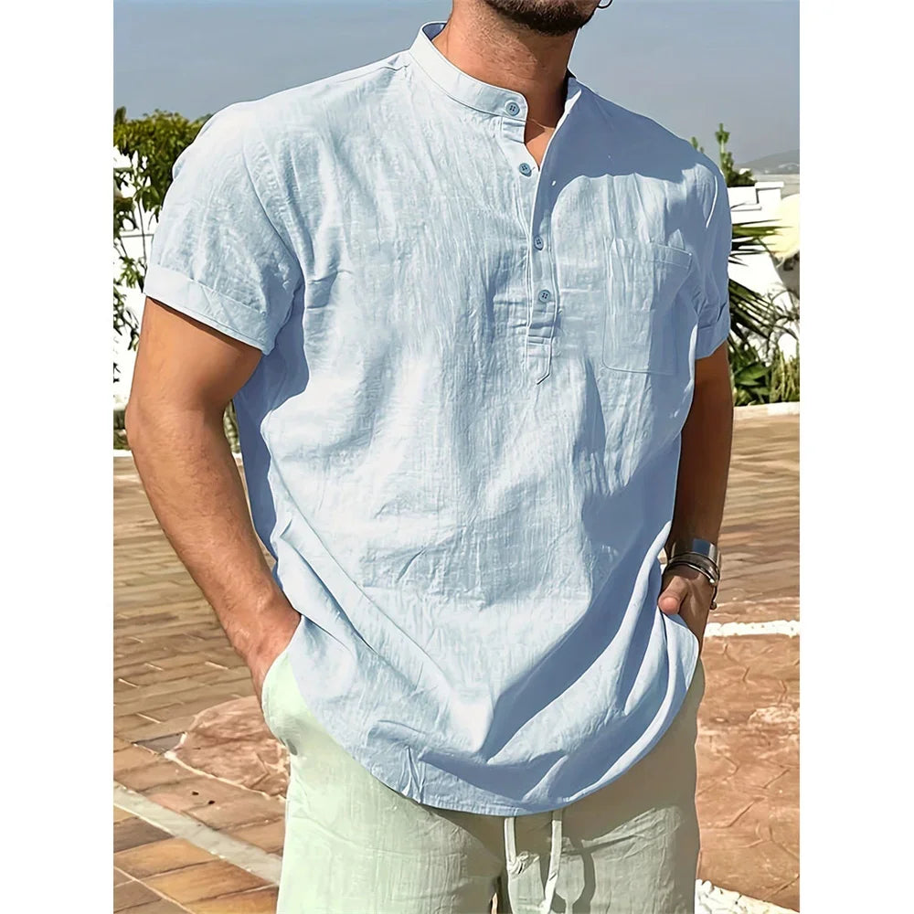 T-shirt col Henley pour hommes, en coton et lin, décontracté, respirant, léger, couleur unie, avec poches, à la mode, offre spéciale d'été