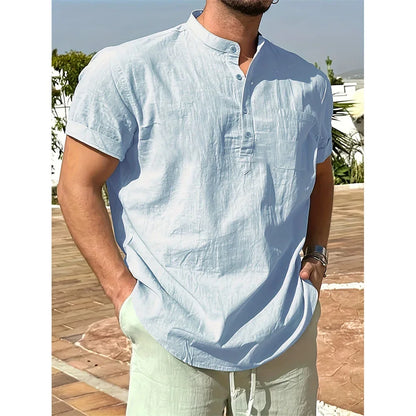 T-shirt col Henley pour hommes, en coton et lin, décontracté, respirant, léger, couleur unie, avec poches, à la mode, offre spéciale d'été