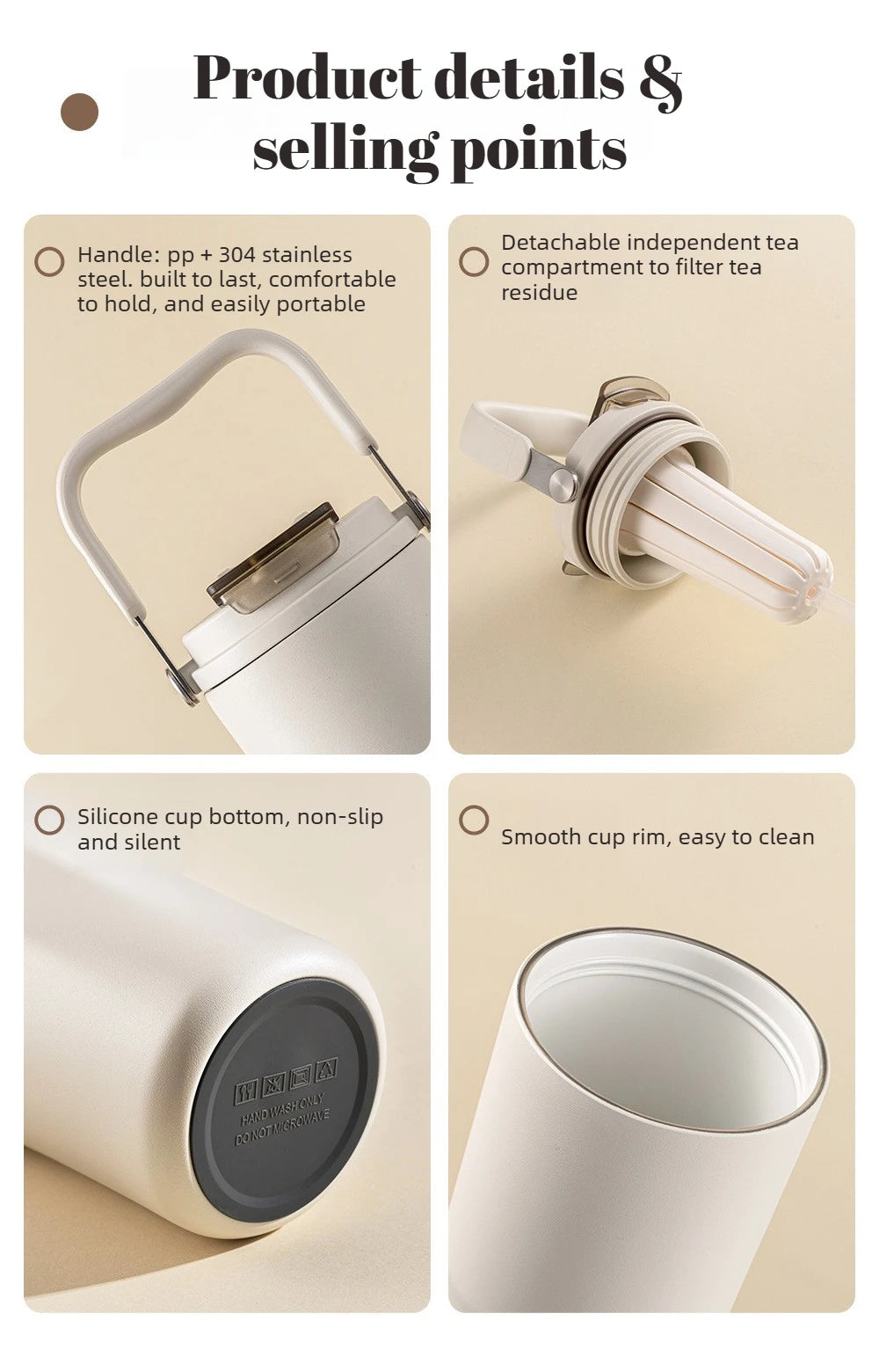 Gobelet à revêtement en céramique de 800ml, avec paille, bouteille d'eau isolée de grande capacité, étanche, poignée détachable, infuseur à thé pour voyage