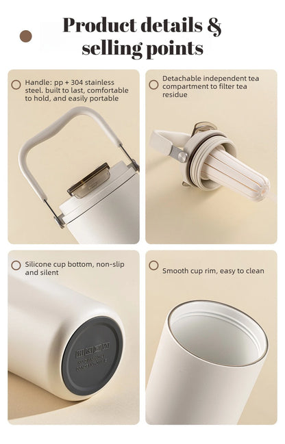 Gobelet à revêtement en céramique de 800ml, avec paille, bouteille d'eau isolée de grande capacité, étanche, poignée détachable, infuseur à thé pour voyage