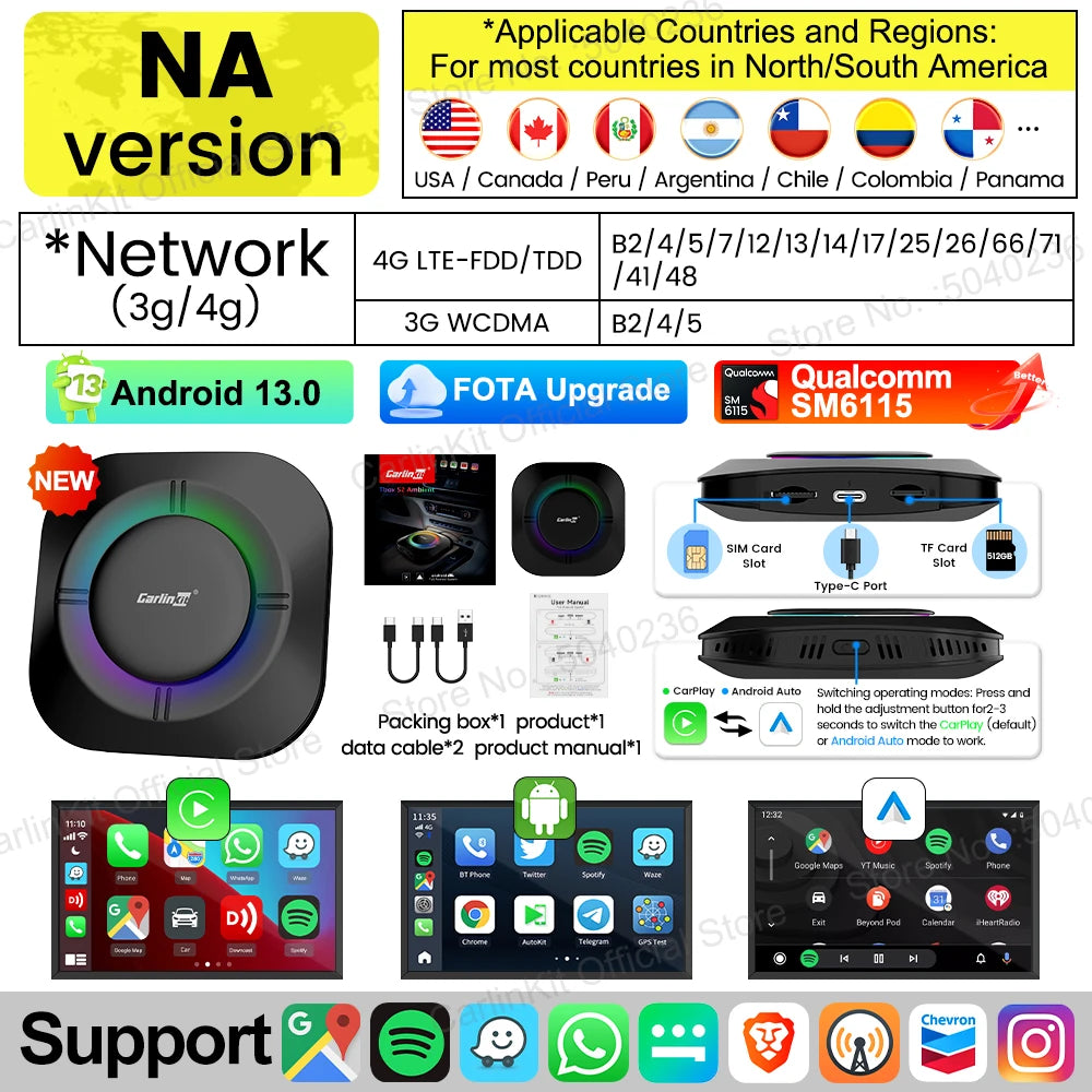 CarlinKit-Smart CarPlay Ai Box, Android 13, prend en charge Netflix, écran partagé prometteur, sans fil, Auto et CarPlay, Smart TV Box, 2026