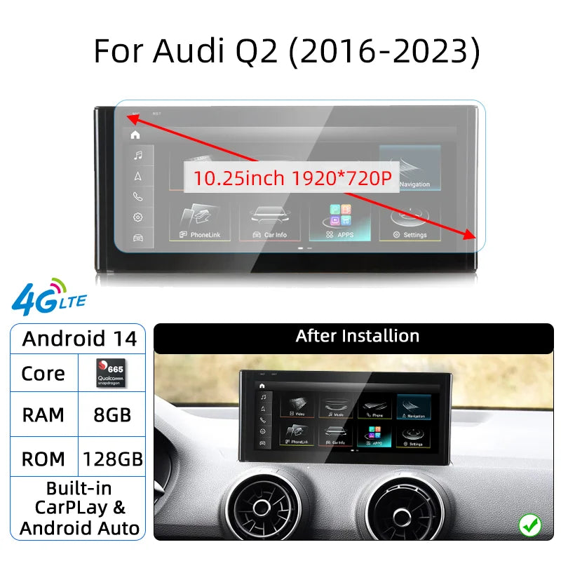 Android 14 Auto Radio CarPlay pour Audi A1 Q2 2010-2023 GPS voiture lecteur multimédia Navi stéréo DSP WIFI SIM BT IPS écran tactile