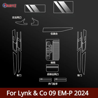 Film transparent en TPU pour accessoires d'intérieur Lynk & Co 09 EM-P 2024, panneau d'engrenage, Console centrale GPS, Protection PPF anti-rayures