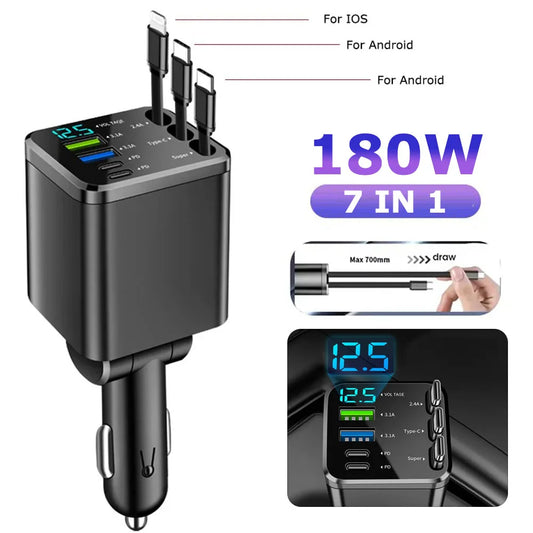 Chargeur de voiture 150W PD30W, adaptateur allume-cigare de voiture, affichage de la tension avec câble rétractable, chargeur rapide 22.5W pour IOS Android