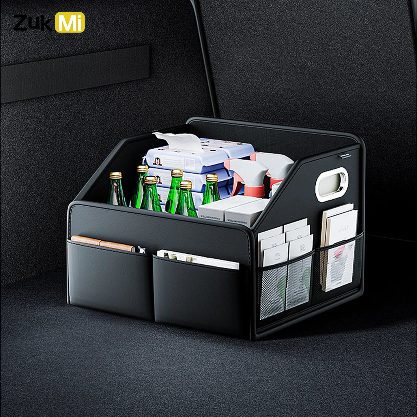 ZukMi Organisateur de coffre de voiture pliable en cuir de qualité supérieure - Boîte de rangement universelle étanche pour SUV, berlines et camions (capacité 2,5 L)
