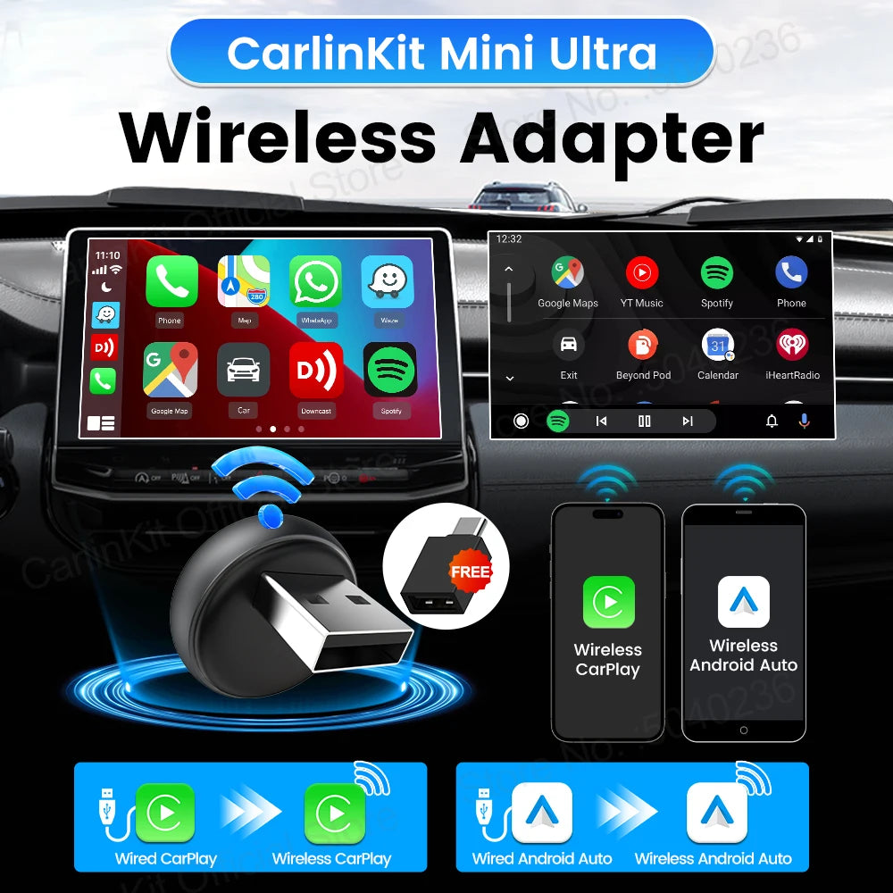 Mini Ultra 3 CarlinKit 5.0 adaptateur sans fil sans fil CarPlay Android Auto pour voiture OEM Plug & Play WiFi Bluetooth connexion automatique