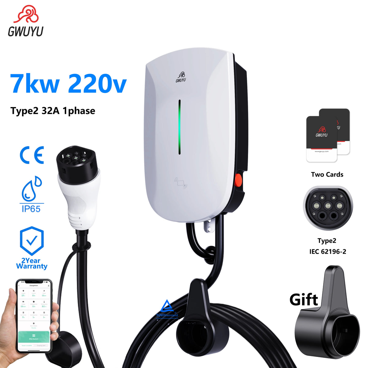 GWUYU Wallbox EV chargeur Type2 32A 7KW 16A 11KW 32A 22KW Station de recharge de véhicule électrique triphasé 5m câble prise en charge du contrôle par application