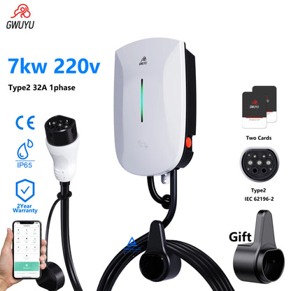 GWUYU Wallbox EV chargeur Type2 32A 7KW 16A 11KW 32A 22KW Station de recharge de véhicule électrique triphasé 5m câble prise en charge du contrôle par application