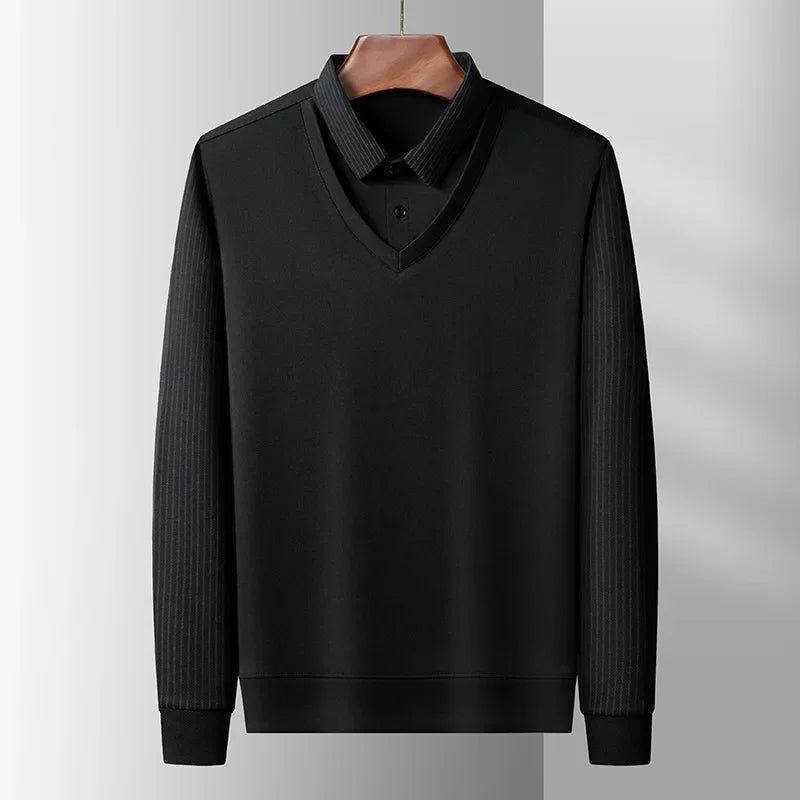 Polo à manches longues pour hommes, décontracté et à la mode, couleur unie, faux deux pièces, Business, toutes saisons, haut polyvalent, nouvelle collection 2025