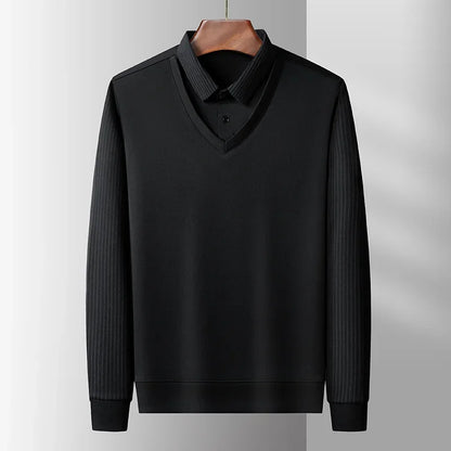 Polo à manches longues pour hommes, décontracté et à la mode, couleur unie, faux deux pièces, Business, toutes saisons, haut polyvalent, nouvelle collection 2025