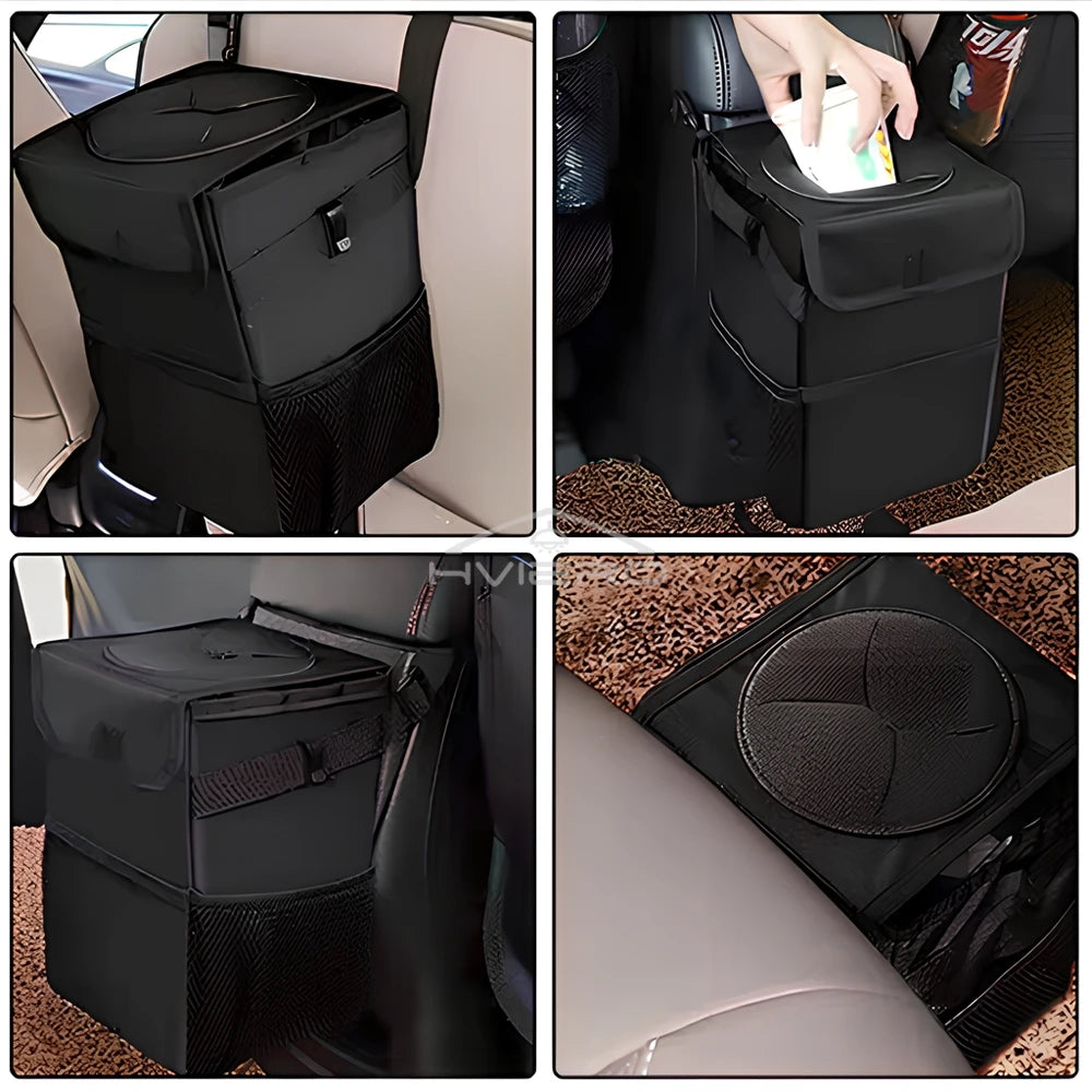 Poubelle avec Couvercle et Poches de Rangement pour Voiture, Étanche, Polyvalente, Noire, 100% Fuite