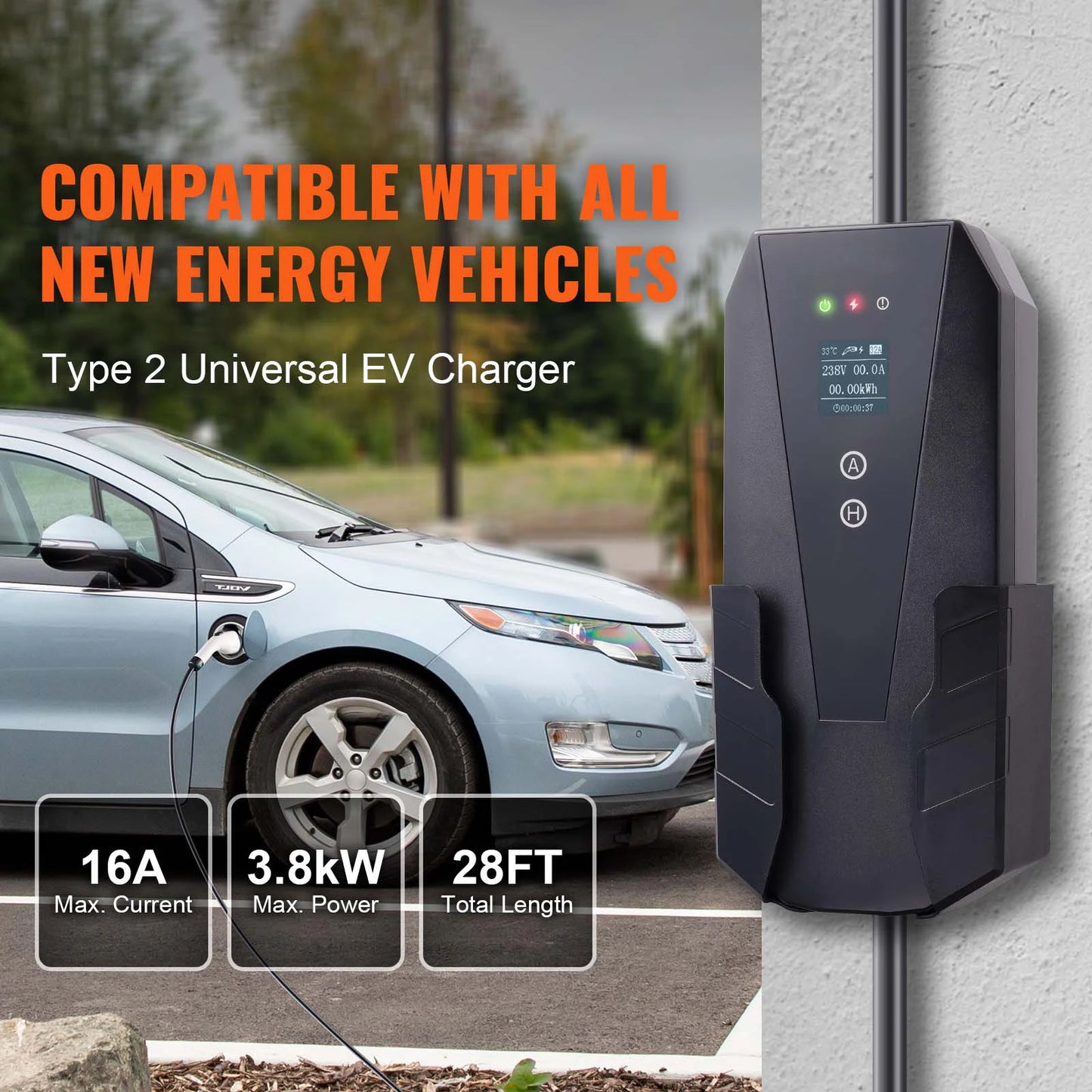 SucceBuy Chargeur EV portable Type 2 16A 3,68 kW + câble de chargement de 25 pieds, écran LCD à prise CEE 7/7 pour le chargement de voiture de véhicule électrique