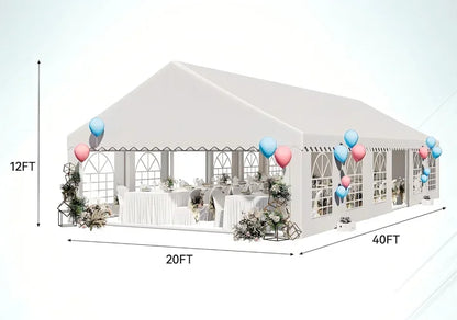 Tente de réception robuste pour mariages et événements, grande capacité (20x40m, 12x6m, 32x16m, 10x5m), pour 200, 300 ou 500 personnes.