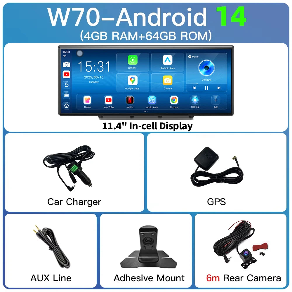 Imagebon W70 11.4 "8 Core Android 14 6 + 128G CarPlay et Android Auto Dash Cam GPS WiFi Google Play Youtube Netflix OTA mise à niveau DVR