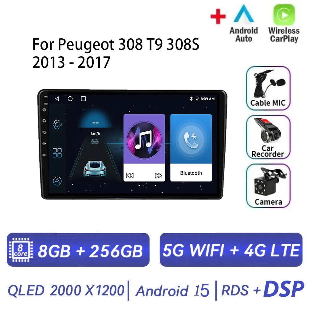 Android 15 pour Peugeot 308 T9 308S 2013 - 2017 Auto stéréo autoradio lecteur multimédia Navigation GPS 4G WIFI sans fil Carplay