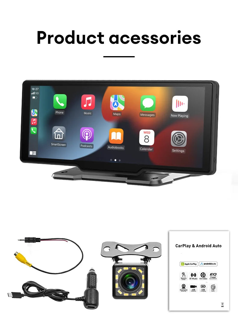 راديو سيارة لاسلكي يدعم CarPlay و Android Auto، مشغل مرآة محمول عالمي، صوت بلوتوث، ستريو AUX، يدعم Apple أو Android، مقاس 10.26 بوصة