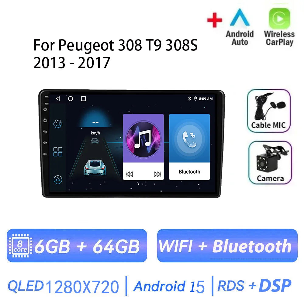 Android 15 pour Peugeot 308 T9 308S 2013 - 2017 Auto stéréo autoradio lecteur multimédia Navigation GPS 4G WIFI sans fil Carplay