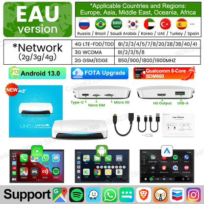 CarlinKit-Android 13 CarPlay AI Box, HDMI sans fil, Auto TV Video Box, Qualcomm SDM, Écran partagé 8 cœurs, Nouveau, 2026