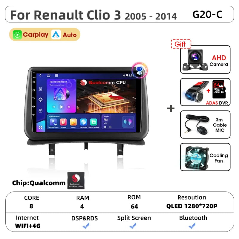 Srnubi CarPlay autoradio lecteur multimédia pour Renault Clio 3 2005 2006 2007 2008 2009 2010-2014 Android Auto GPS 2din autoradio