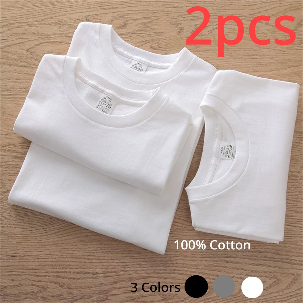 2 pièces 100% coton solide t-shirts hommes et femmes à manches courtes blanc t-shirts décontracté respirant ample col rond T-shirt Couple hauts