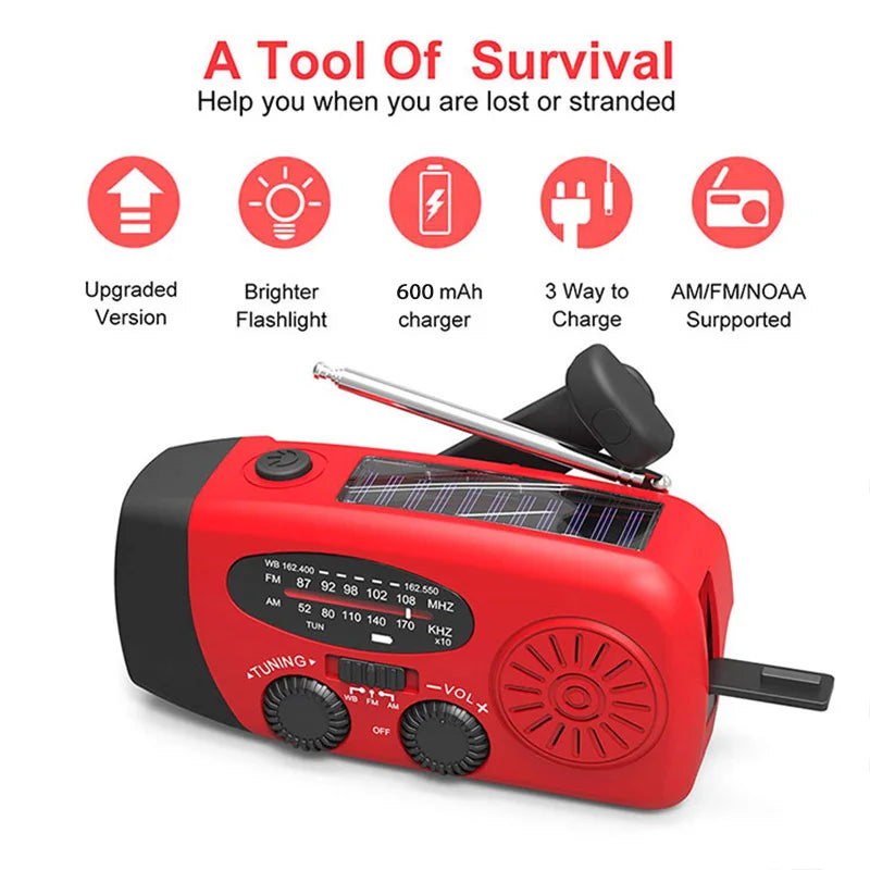 Lampe de Camping solaire alimentée par manivelle, avec Radio AM/FM, pour l'extérieur, chargeur USB, lampe de poche multifonctionnelle à Dynamo LED, 2000mAh