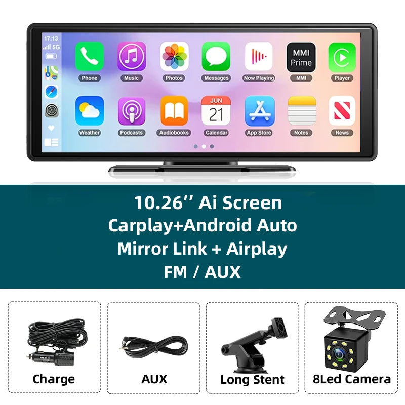Écran Carplay sans fil portable, caméra de recul arrière HD, autoradio DVR, lecteur vidéo MP5, Android Auto, 10.26 pouces