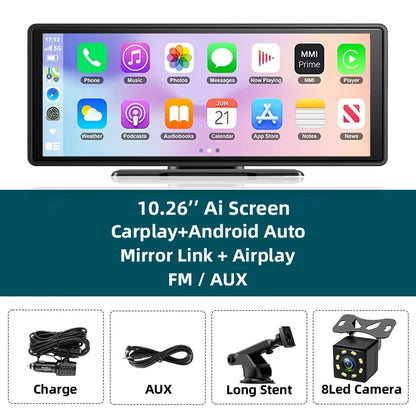 Écran Carplay sans fil portable, caméra de recul arrière HD, autoradio DVR, lecteur vidéo MP5, Android Auto, 10.26 pouces