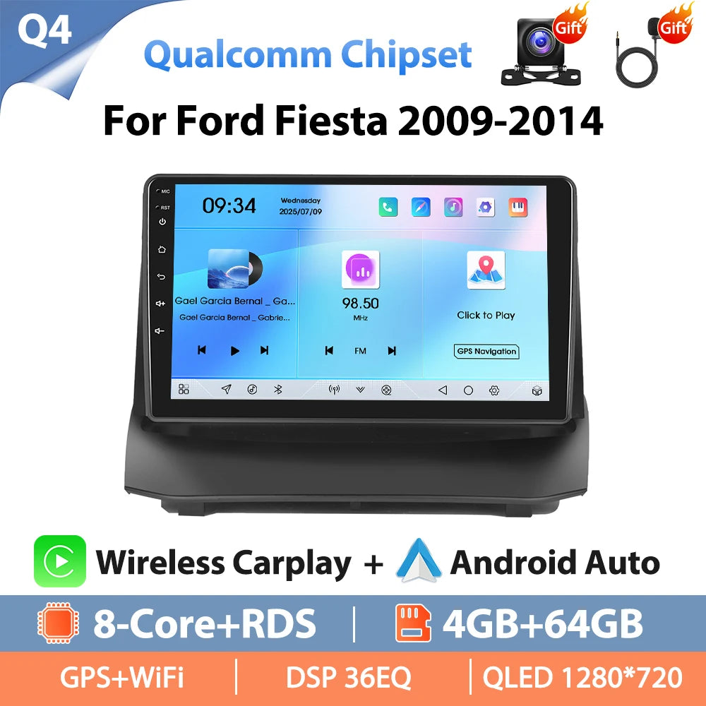 Autoradio Hikity 9 pouces 4G pour Ford Fiesta 2009-2014, lecteur multimédia vidéo, Carplay, Android Auto, 8 cœurs, WIFI, 4G, GPS, Mirrorlink, BT