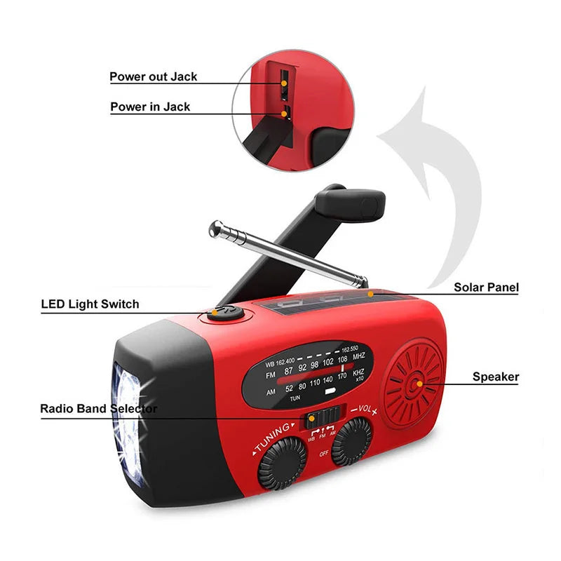 Lampe de Camping solaire alimentée par manivelle, avec Radio AM/FM, pour l'extérieur, chargeur USB, lampe de poche multifonctionnelle à Dynamo LED, 2000mAh