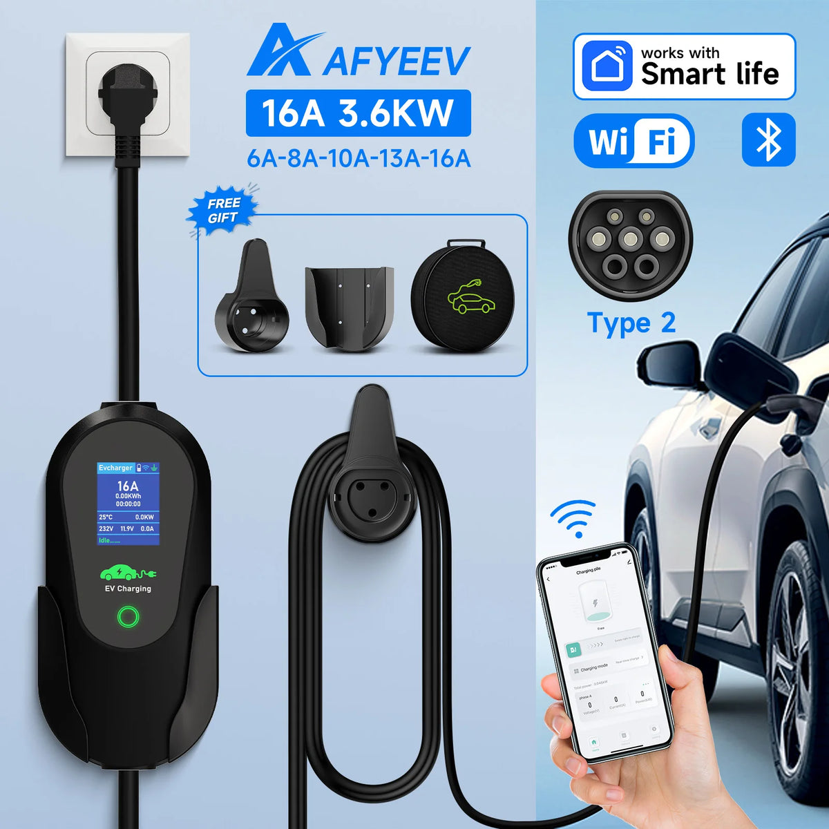 شاحن سيارة كهربائية محمول AFYEEV 3600W من النوع 2 IEC62196-2، كابل شحن، قابس الاتحاد الأوروبي، واي فاي، بلوتوث، جهاز تحكم عن بعد Andrea