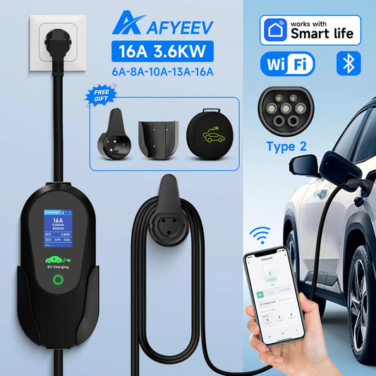 AFYEEV 3600W Portable Type 2 IEC62196-2 EV Chargeur De Voiture Électrique Câble De Charge Prise UE WiFi Bluetooth Andrea Télécommande