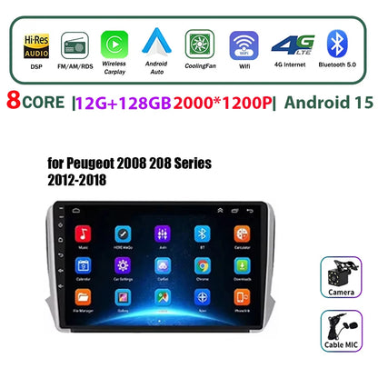 Autoradio multimédia Android 16 pour Peugeot 2008 208 Série 2012-2018 Lecteur Navigation GPS CarPlay sans fil Radio DVD Unité principale