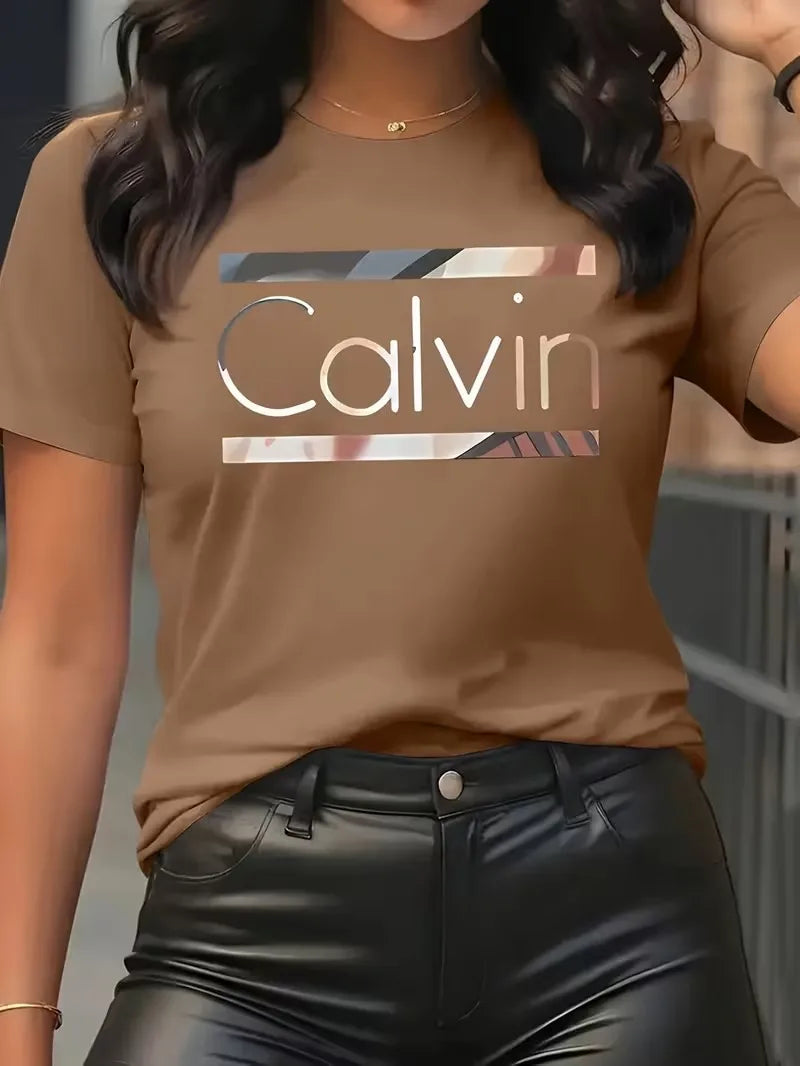 Offre spéciale femmes mode d'été décontracté Calvin lettre motif imprimé col rond manches courtes vêtements de sport T-shirt y2k vêtements