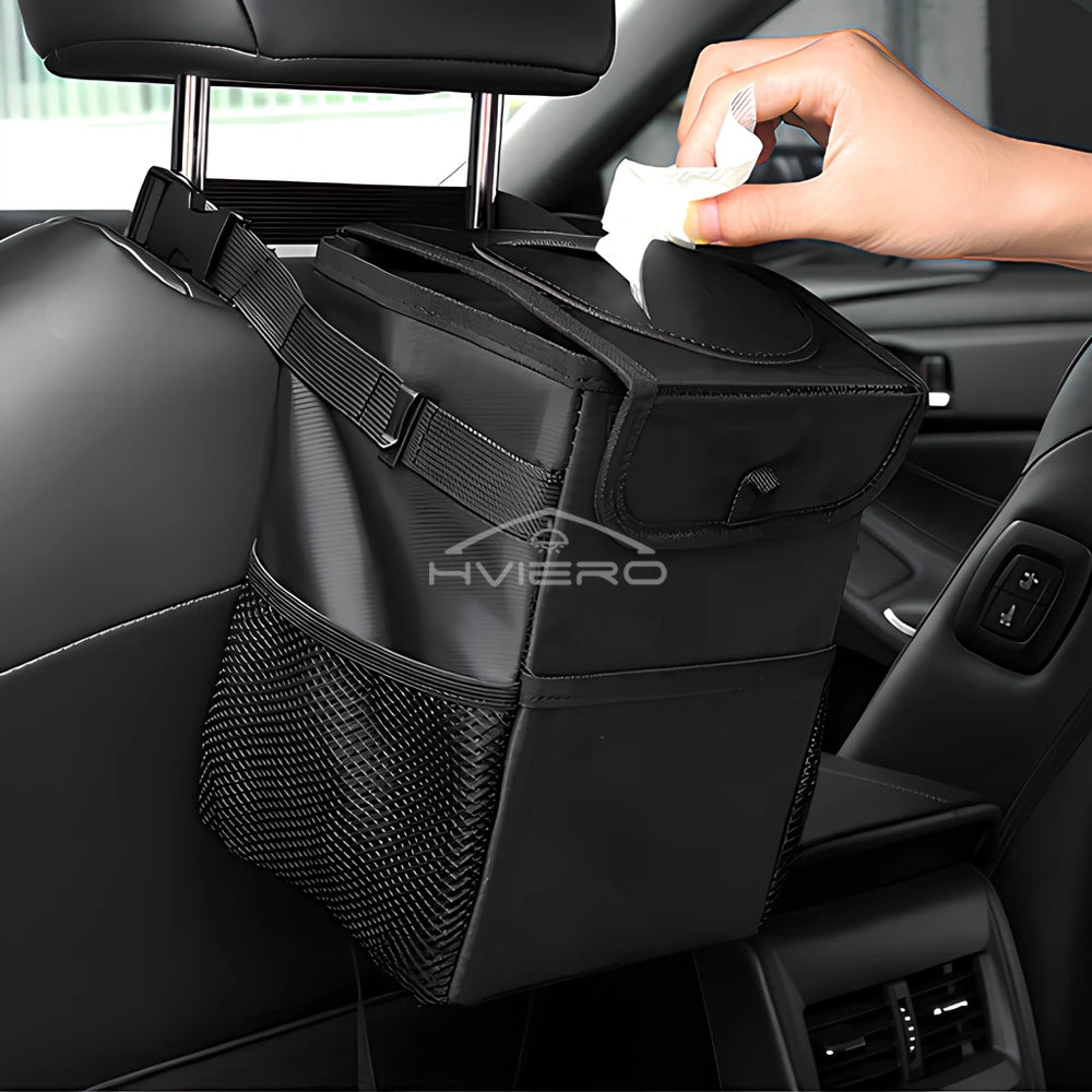 Poubelle avec Couvercle et Poches de Rangement pour Voiture, Étanche, Polyvalente, Noire, 100% Fuite