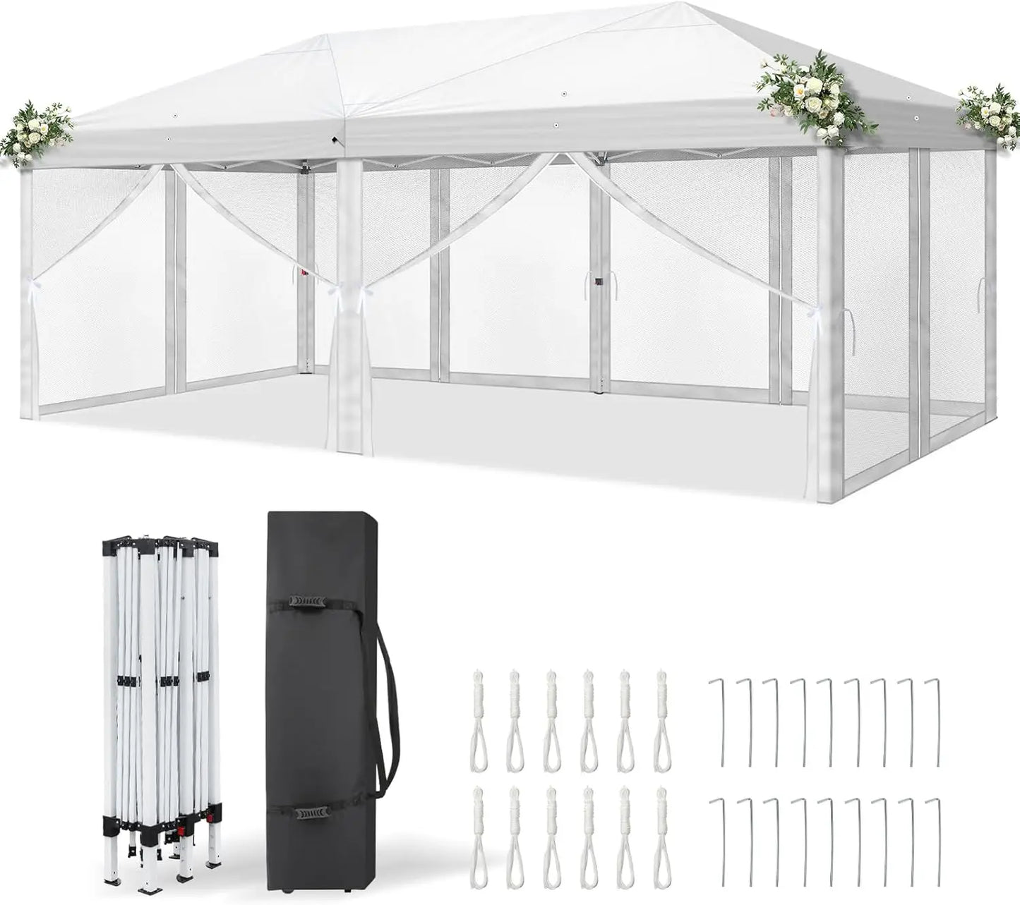 Tonnelle escamotable 10x20 avec parois latérales, sac de transport, tente facile à monter avec moustiquaires, gazebo zippé pour le camping, tonnelle zippée