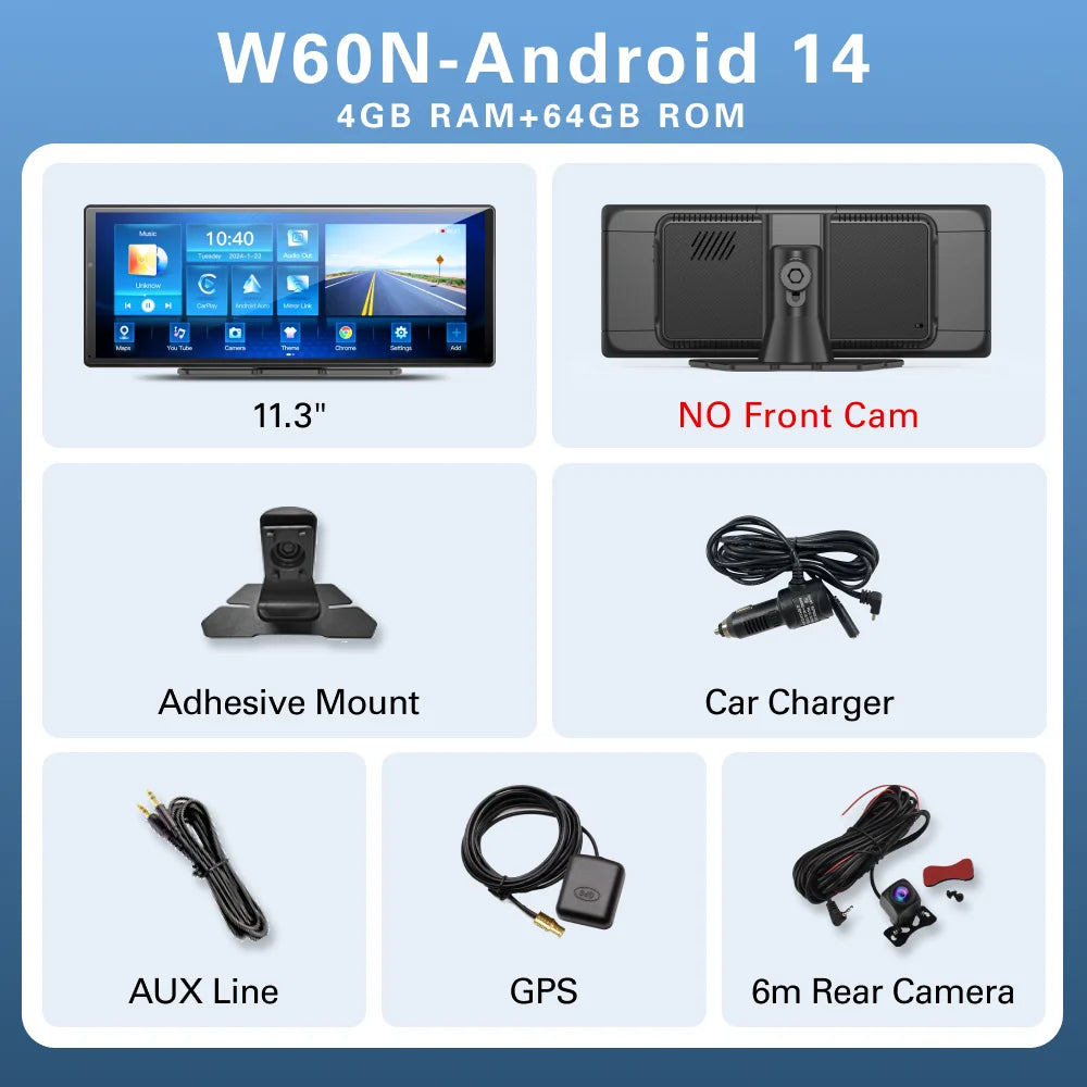 W60 11.3 ''8 Core Android 14 6 + 128GB lecteur multimédia Carplay et Android Auto 5G WiFi Google Play Youtube Netflix OTA mise à niveau