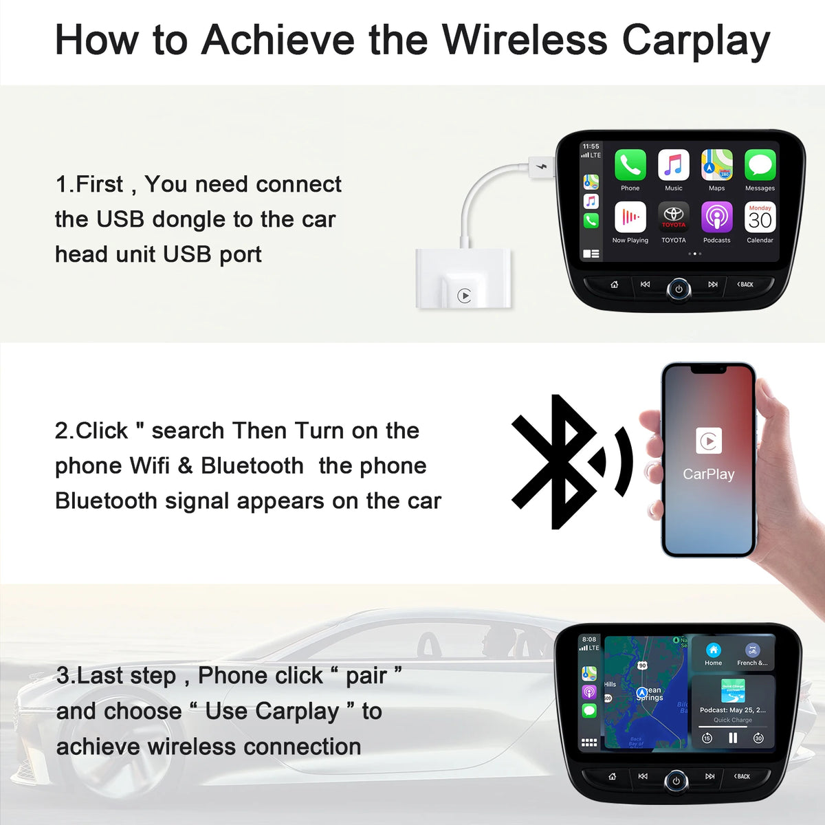 Adaptateur/dongle CarPlay sans fil pour voitures à partir de 2015 et iPhone iOS 10 +, câble d'usine